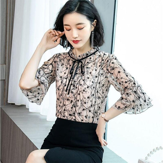 Chiffon Shirt Women's Fungus Collar Floral Trumpet Sleeve Small Shirt Elegant Bottoming Shirt