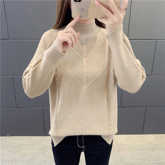 Women White Short Half-high Collar Pullover Sweater Office Loose Thick Solid Sweatshirts