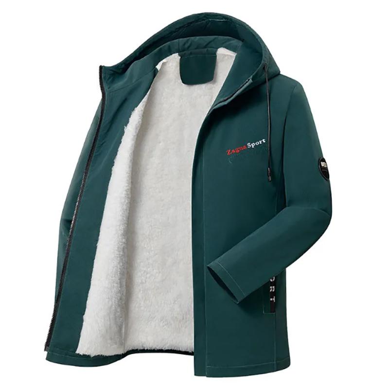 Autumn and Winter Jacket Men's Hooded Mid-length Korean Style Slim Solid Color Plus Velvet Jacket