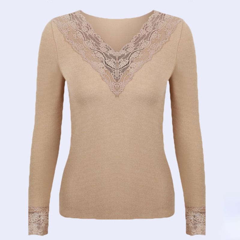 Women Winter Autumn Warm Thermal Underwear Lace V-neck Tops Female Tight Thicken Windproof Comfortable Soft Lining Long Sleeve High Elasticity Slim