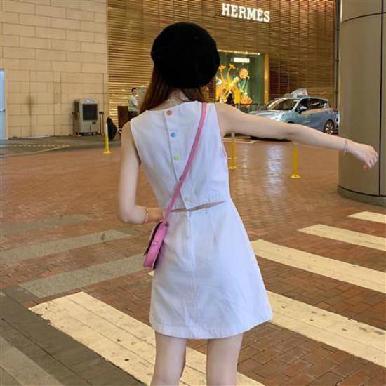 Sweet Sleeveless White Slim-fit Waist Skirt Girlish Rainbow Color Button A-line Short Dress
