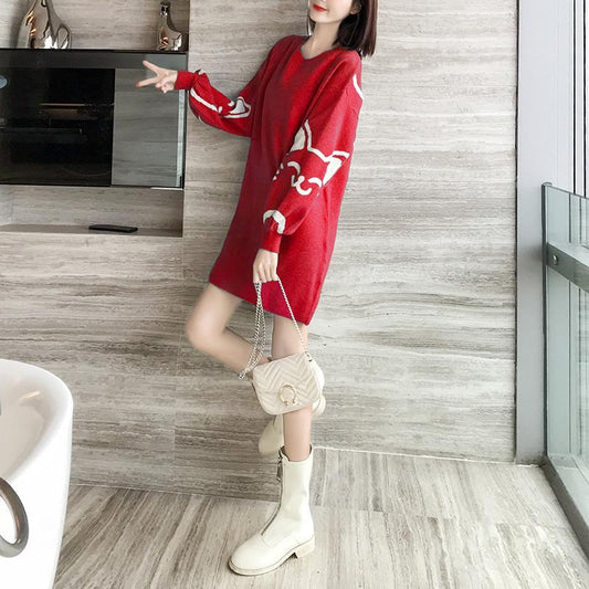 Autumn and Winter Fashion Casual Jacket Mid-length Long-sleeved Dress Slim Round Neck Sweater