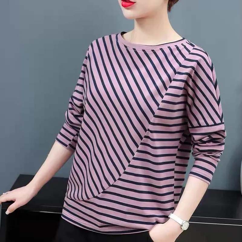 Women's Spring and Autumn Large Size T-shirt Loose Bottoming Shirt Round Neck Striped Long Sleeve All-match Top