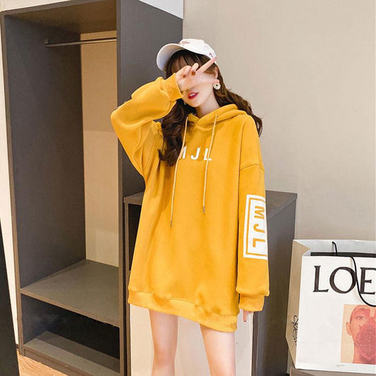 Large Size 200 Kg Mid-length Women's Sweater Autumn and Winter Fashion Trend Letter Printing Solid Color Plus Velvet Thick Women's Jacket