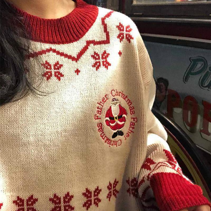 Pofulove Autumn Winter Women Loose Santa Snowflake Pullover Red Sweater Red Top Christmas