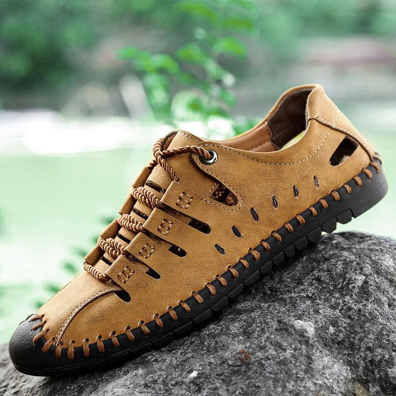 Summer Men's Leather Sandals Business Casual Outdoor Beach Roman Shoes Solid Color Design