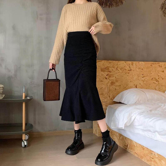 Wrench Cord Velvet Hip Skirt Autumn and Winter Waist Slim A Word Skirt Children Lotus Pleated Fish Tail Skirt