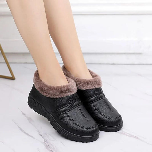 Winter Plus Velvet Warm Cotton Shoes Women's PU Waterproof Non-slip Mother Shoes Comfortable and Lightweight Flat Low-heel Snow Shoes