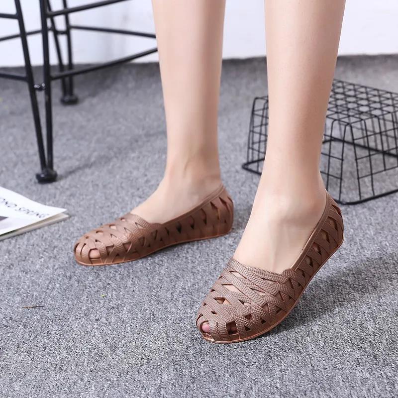 Ladies Summer Sandals Non-Slip Comfortable Breathable Single Shoes Flat Bottom Round Toe Solid Color High Quality PVC Mesh Shoes