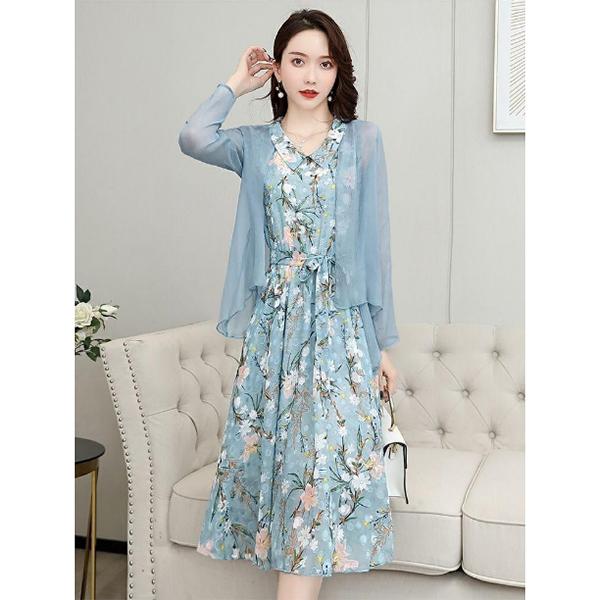 Chiffon Dress Tulle Cardigan Two-piece Set Women's Summer Sleeveless Floral Priting Dress+ Sunscreen Shawl Thin Coat Elegant Anti-UV Sun Dress Suit