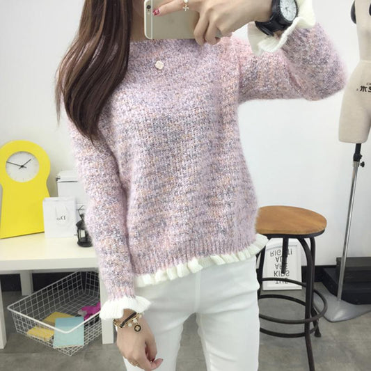 Autumn Winter Sweater Women's Pullover Sweet Wood Ears Student Short Clothes Fresh Knitted Bottoming Sweater