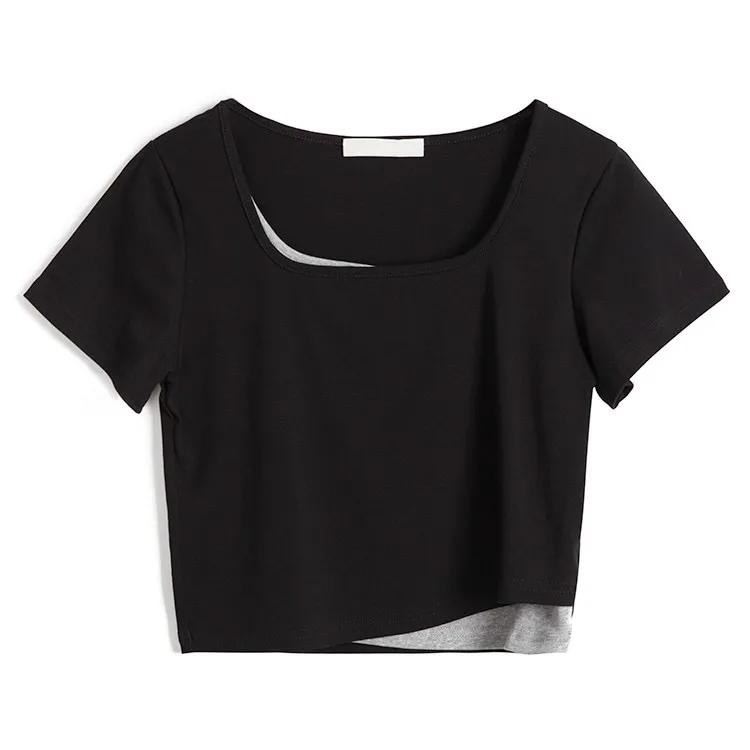Two-piece Layered Airline Navy High Waist Straight Short Sleeve Top Women's T-Shirt