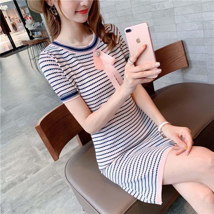 Pofulove Women Bow-knit A-line Dress Short-sleeved O-neck Mid-length Evening Dress Casual Dresses