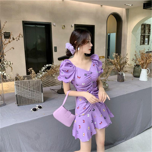 Women's Summer French Elegant Butterfly Group Sweet Print Bubble Sleeve Fishtail Dress