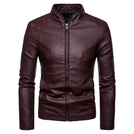 Men's Slim Stand Collar Leather Top Casual Waterproof Leather Jacket