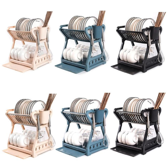 Double-layer Kitchen Dish Bowl Draining Storage Rack Basket with Chopstick Cage