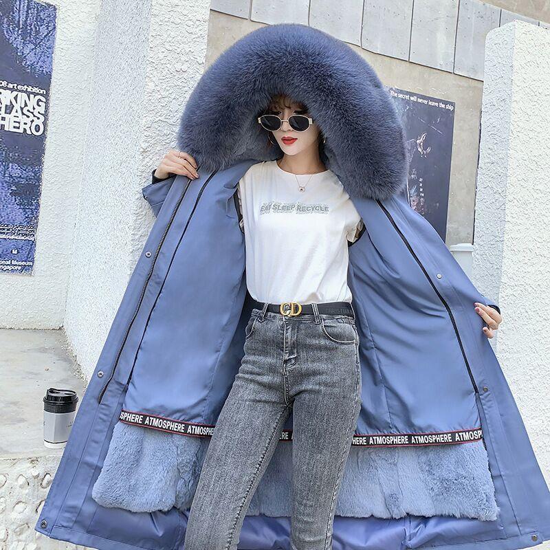 Winter Fashion Trend Real Fox Rex Rabbit Fur Liner Removable Mid-length Fur Coat Jacket
