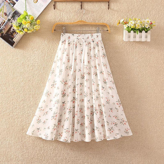 Women's Elastic Waist Pleated Floral Skirt Summer High Waist Mid-length A-line Draping Chiffon Fairy Dress