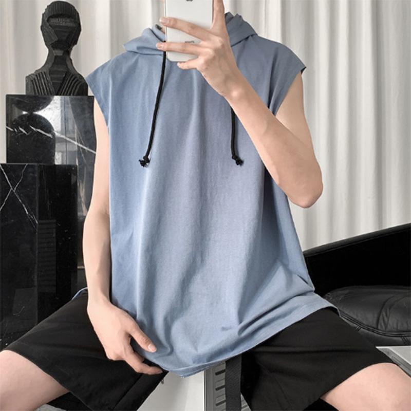 Summer Solid Color Hooded Vest Men's Trendy Loose Waistcoat Slit All-match Sports Hoodie Vest