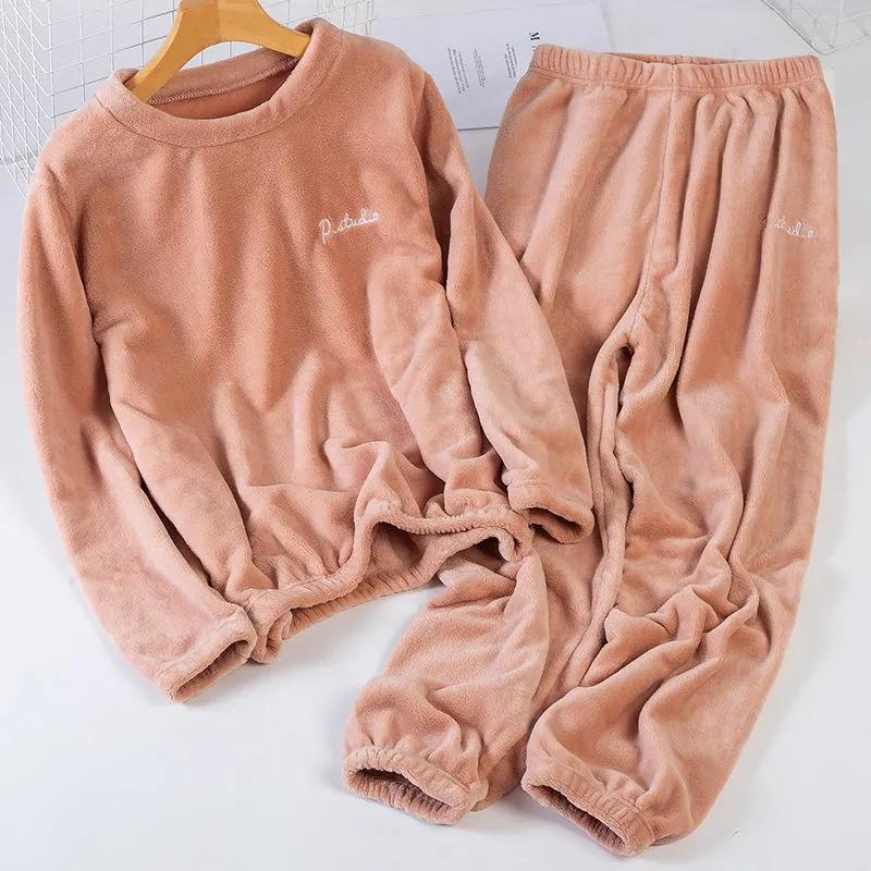 Women Warm Pajamas Suit Winter Home Wear Coral Fleece Thick Velvet Sleepwear Top and Pants Set Pullover O Neck Casual Loose Long Sleeve Flannel Pyjama