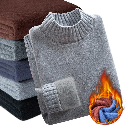 Autumn and Winter Half Turtleneck Sweater Men's Slim Plus Velvet Thick Pullover Sweater
