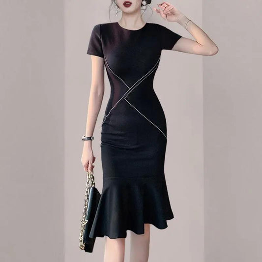 French Style Thin Elder Sister Light Cooked Style OL Temperament Fishtail Skirt Summer Female Lotus Leaf Bag Hip Dress