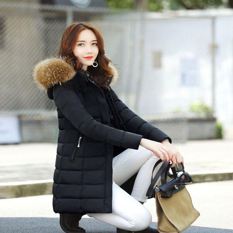 Ladies Down Jacket Winter Fashion Big Fur Collar Hooded Jacket Thick and Cotton Warm Mid-length Jacket