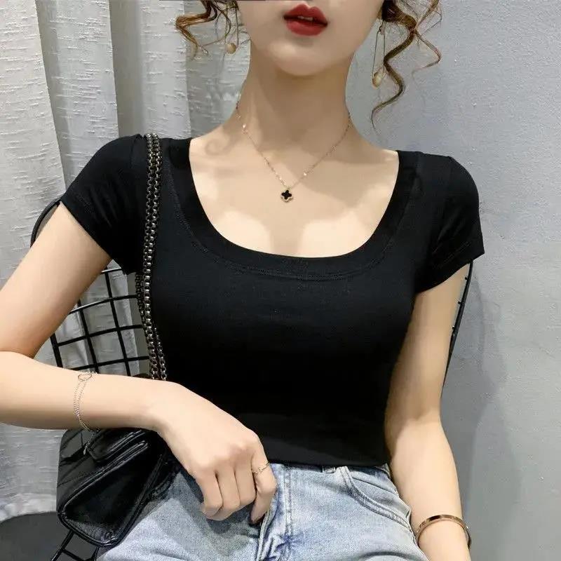 Women Summer U-neck Short Sleeve T-shirt Female Tight Bottoming Shirt Big Neckline Solid Color Low Neckline Close Fitting Tops