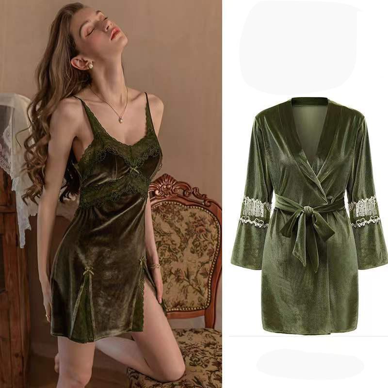Women's Autumn Winter Sexy Pajamas Sest Gold Velvet Suspender Nightdress Robe High-quality Lace Slit Nightgowns Casual Solid Color Homewear
