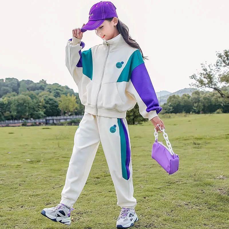 Girls Suit Spring and Autumn Children's Sports Two-piece Stitching Design Zipper Long-sleeved Sportswear Casual Loose Breathable Two-piece