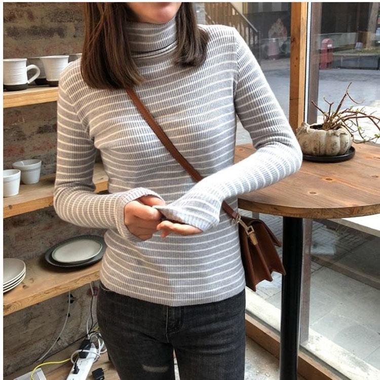 Women Sweaters Stripe Prints High Collar Long Sleeve Pullover Bottoming Shirts