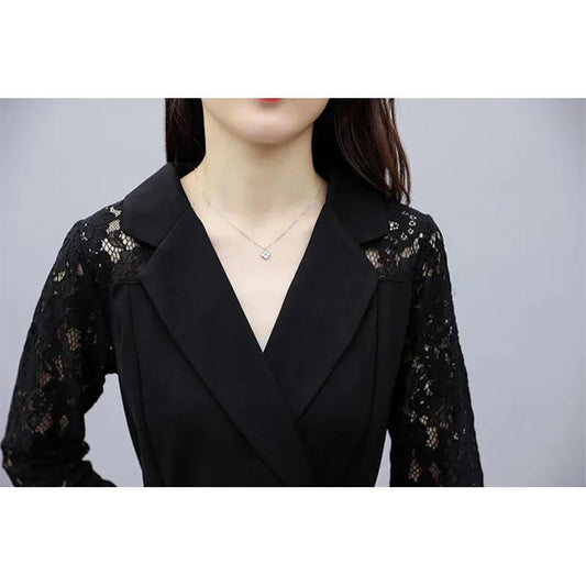 Women's Sexy Lace Dress Suit Collar V Neck Belt Ruffle Embroidered Lace Skirt Stitching Full Hip Dresses Elegant Black Bottoming Shirt Slim Fit Suit