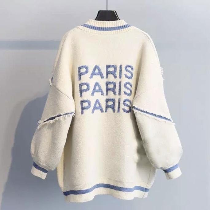 Pofulove Autumn Winter Women's Loose Alphabet Thick Knit Mid-length Sweater Cardigan Coat Women