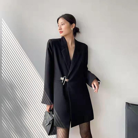 Women's Spring and Autumn Hepburn Style Suit Jacket French Mid-length Black Suit Dress Ladies Blazer Top Temperament Coat