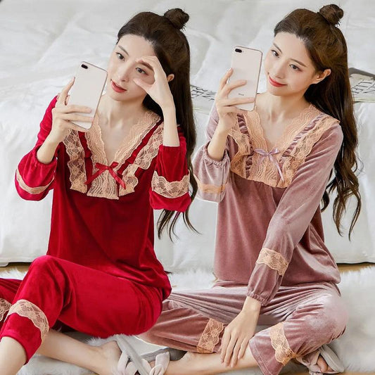 Women's Lace Bow Knot Gold Velvet Pajama Set V-Neck Solid Color Loose Comfortable Two-piece Set Out Wear Long Sleeves Nightgowns Sleeping Set