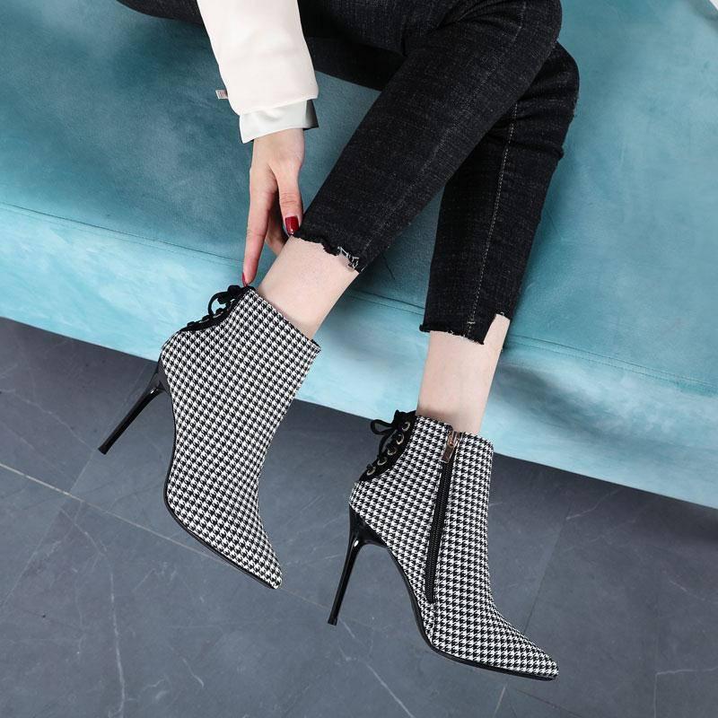 Women's High Heels Shoes Gingham PU Leather Boots Pointed Toe Autumn and Winter