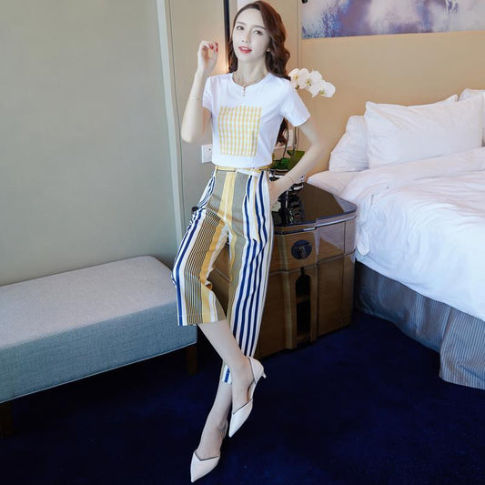 Summer Women's Cotton T-shirt Wide-leg Pants Two-piece Women's Round Neck Short-sleeved T-shirt + Loose Wide-leg Pants Fabric Soft and Sweat-absorbent