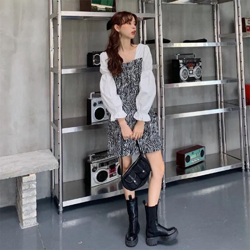 Long-sleeved Spring and Summer Chic Square Collar Is Thin Outdoor Zebra Pattern Long-sleeved Short Skirt Foreign Style Fashion Small Dress Female