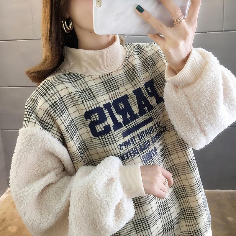 Half-high Collar Plus Velvet Sweater Women Winter Loose Padded Jacket Imitation Lamb Velvet Sleeve Plaid Jacket