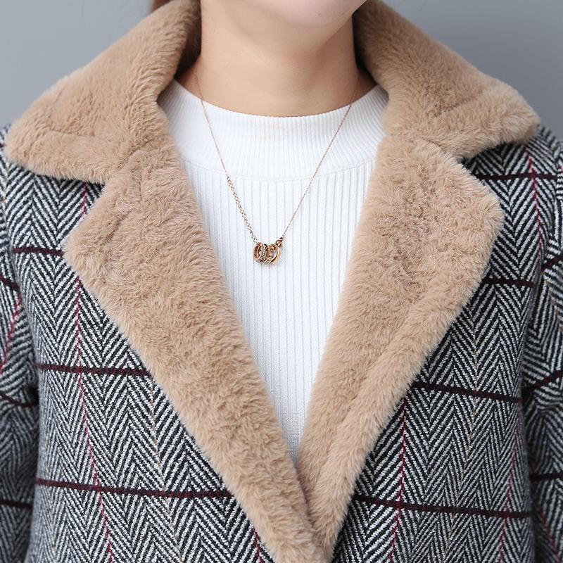 Thick and Fluffy Woolen Coat Women's Mid-length Large Size Plaid Cotton Coat Warm Women's Coat