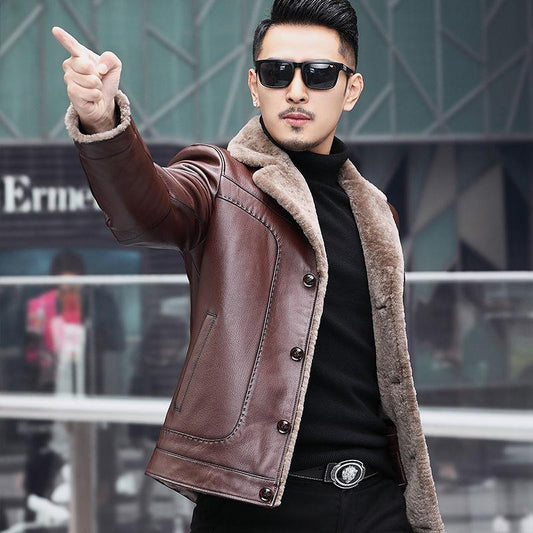 Leather Men's Jacket Plus Velvet Thickening Young and Middle-aged Fur Coat Winter Leather Jacket Large Size
