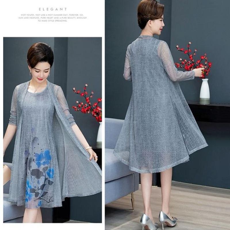 Chiffon Shirt + Dress 2pcs Suit Women's Sun Protection Clothing Sun-Dress Mid-length Plus Size Shawl Loose Outer Chiffon Cardigan Thin Coat Beach
