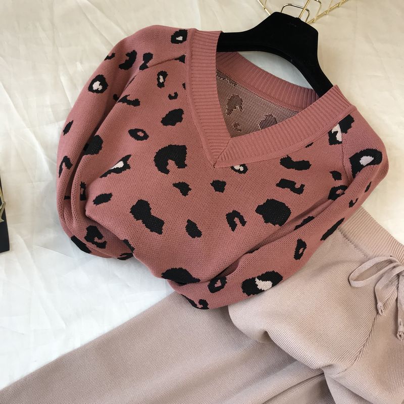 2pcs/set Women Knit Leopard Pullover Sweater+Pants 2 piece Sets ladies Jumpers Trousers 2 PCS Outfits