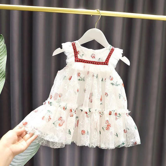 Baby Girl Cute Cherry Girl Dress Baby Summer Vest Skirt Sweet Embroidery Mesh Princess Dress Tutu Skirt Sleeveless A-line Dress