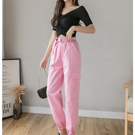 Drawstring Overalls Women's Summer Women's Korean Style Loose Bf Wind Casual Pants High Waist Harem Pants