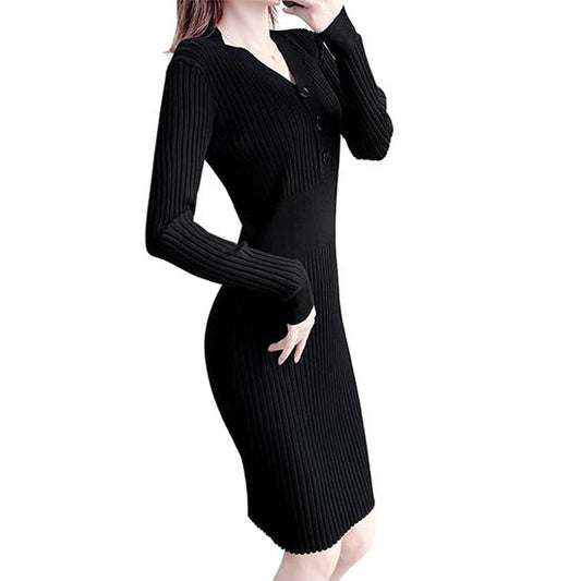 Women's Autumn and Winter Slim Long Sweater Dress Ladies Large Size Solid Color Party Elastic Knitted Dress