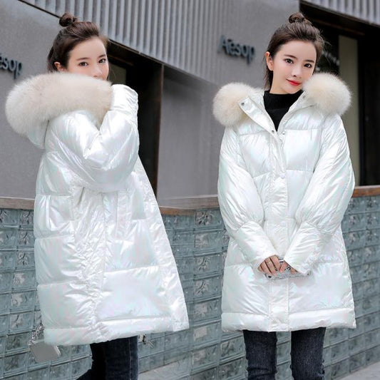 Bright Face Down Jacket Women's Cute Candy Color Loose Large Size Fluffy Big Fur Collar Hooded Down Jacket Loose Cotton Jacket