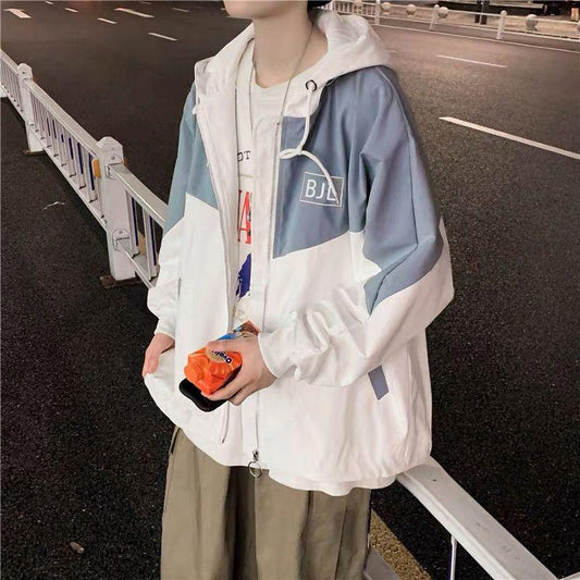 Colorblock Jacket Men's Loose Versatile Hooded Windbreaker Coat Couples Wear Thin Short Zip Long Sleeve Casual Coat Workwear