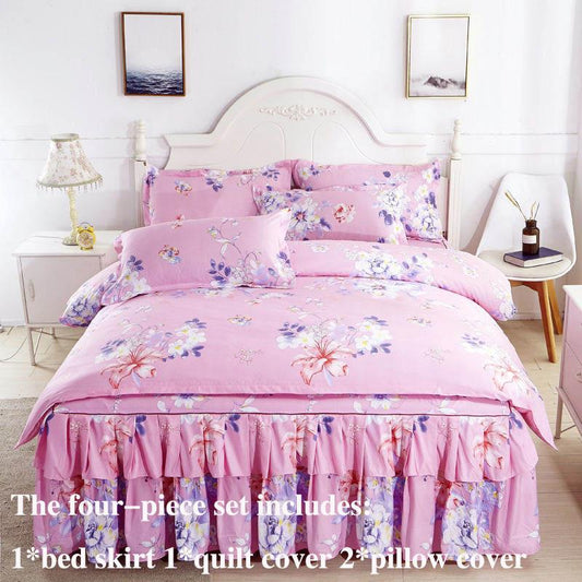 Four-piece Bed Skirt Printed Bedding Skin-friendly Sanding Quilt Cover Pillowcase Bilateral Bed Skirt Set
