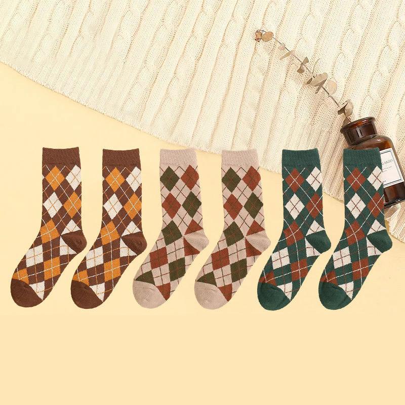 Six Pairs of Women's Socks Korean Fashion Plaid High Socks Autumn and Winter Retro Wild Pile Socks